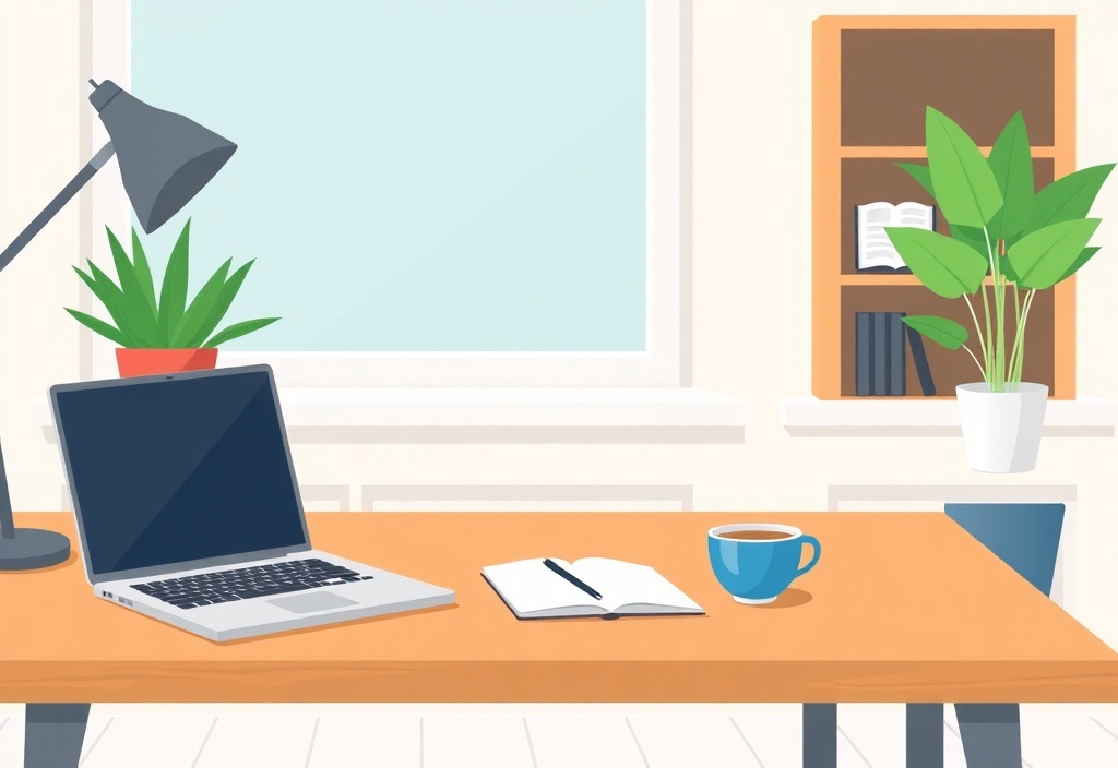 A clean wooden desk with a laptop, a notebook, and a steaming cup of coffee in a bright, modern home office setting