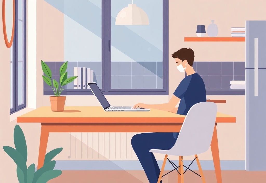 A person sitting comfortably at a kitchen table working on a laptop with a small potted green plant nearby, natural lighting