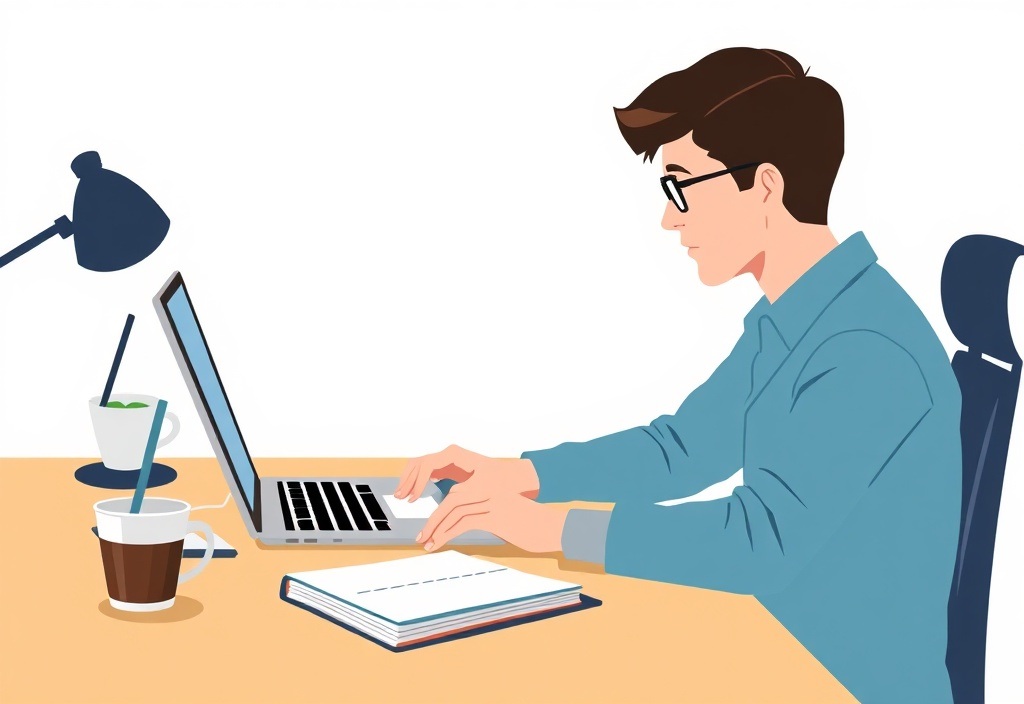 A focused beginner working at a clean wooden desk with a laptop, notebooks, and a cup of coffee, looking determined rather than stressed