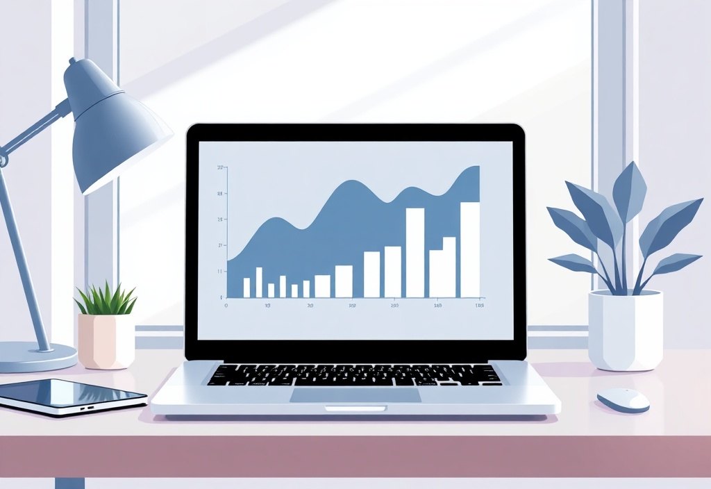 A clean, modern workspace showing digital growth charts on a laptop screen with natural soft lighting and a minimalist aesthetic