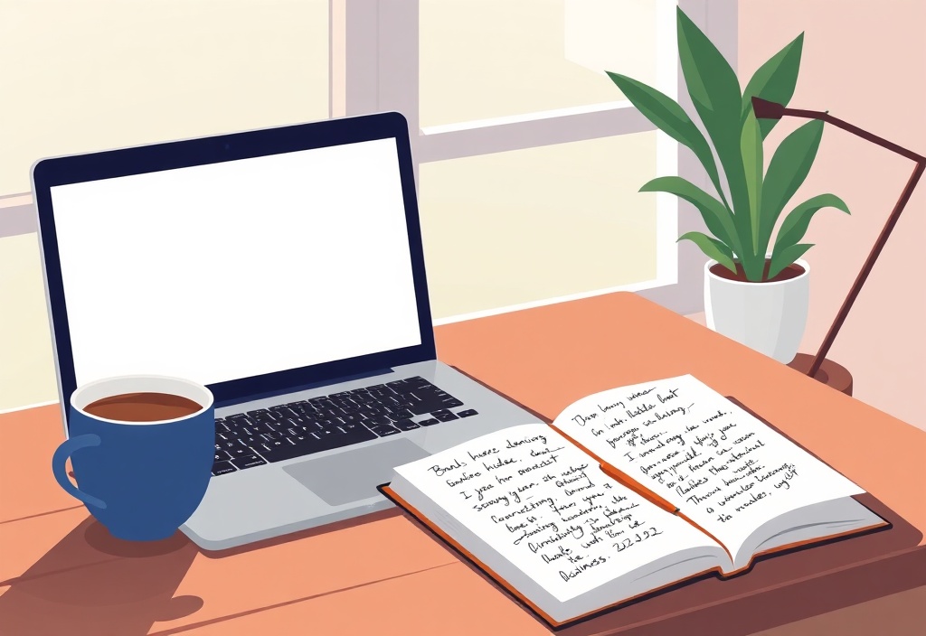 A cozy desk setup with a laptop, a notebook filled with handwritten business ideas, and a cup of coffee, lit by soft natural morning light.