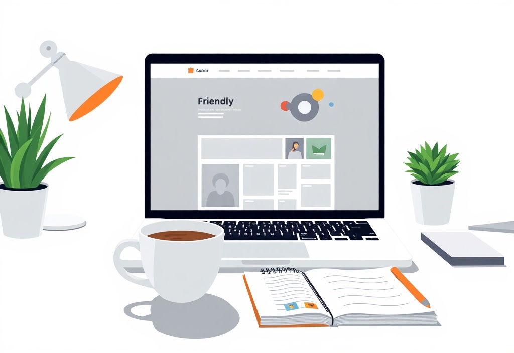 A clean, bright desk setup with a laptop showing a friendly website layout, a cup of coffee, and a notepad with creative outlines, flat lay photography style.