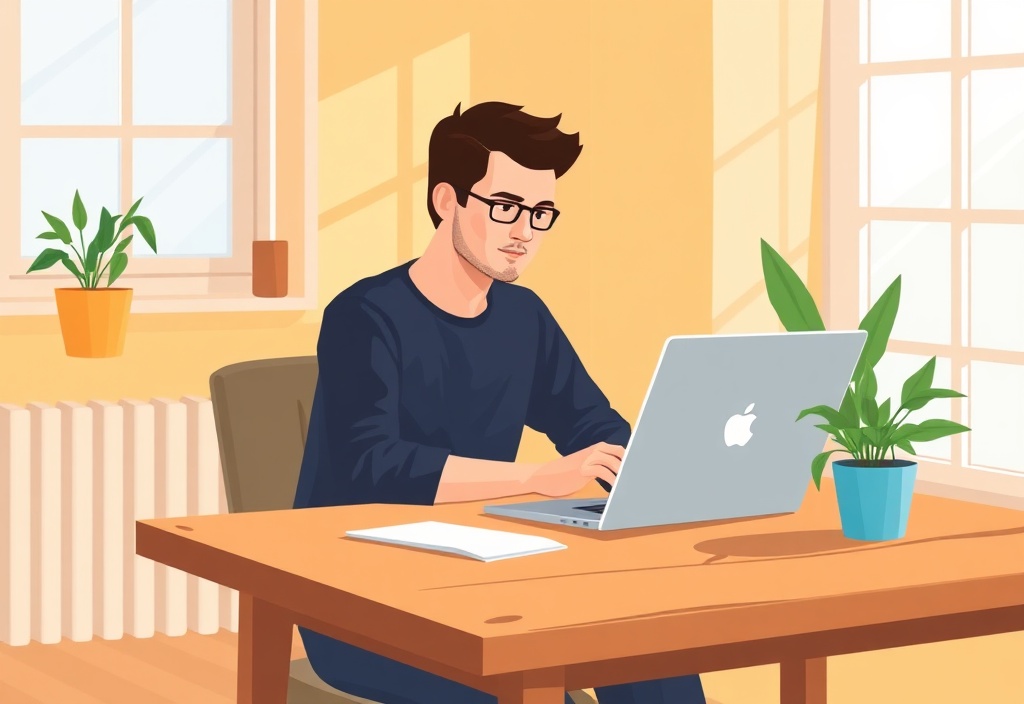 A focused person sitting at a wooden table in a sunlit room, typing on a laptop with a calm and confident expression, cozy home office environment.