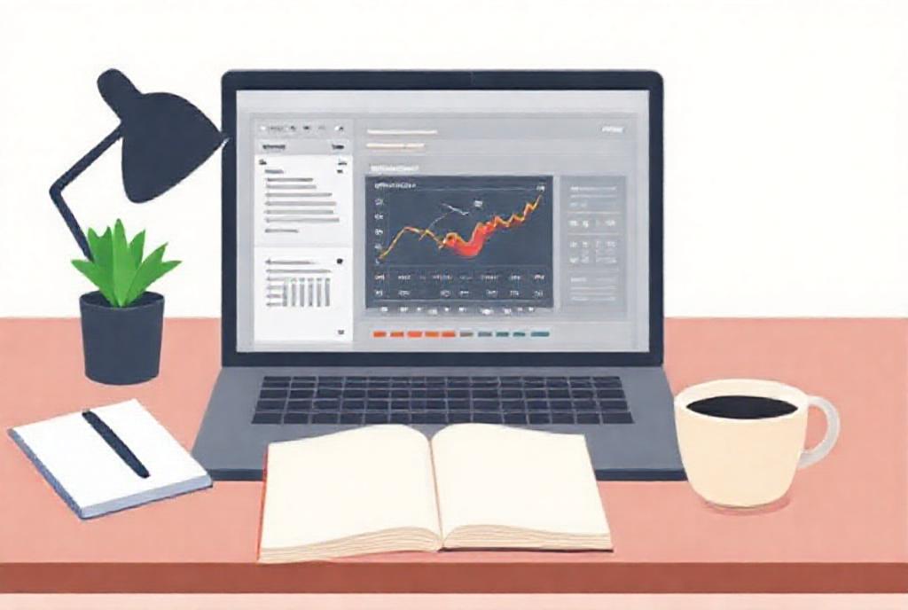 A clean, modern workspace with a laptop open showing digital analytics, a notebook, and a cup of coffee, representing online business planning