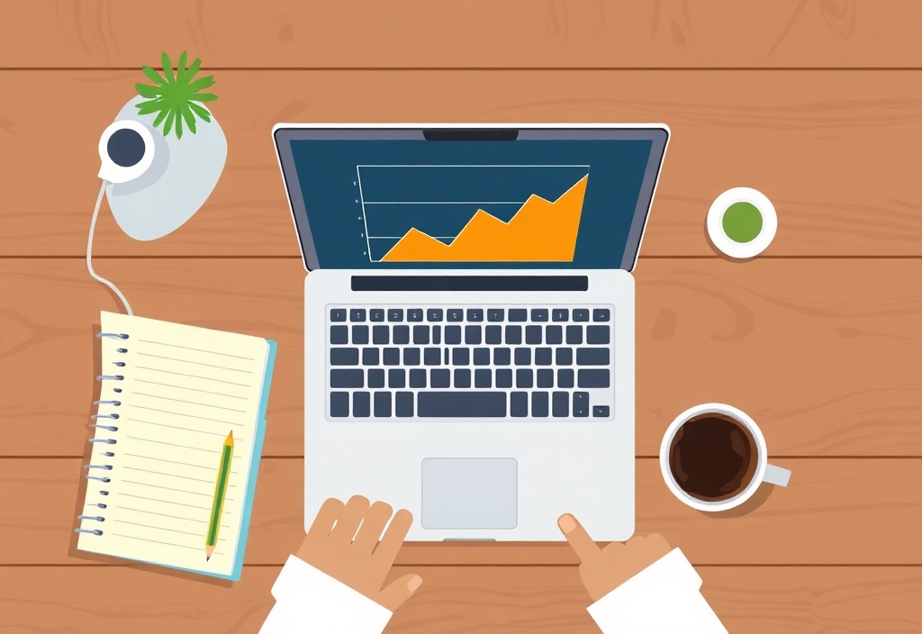 A friendly overhead view of a wooden desk with a laptop displaying a clean analytics chart, a notebook with handwritten notes, and a cup of coffee.