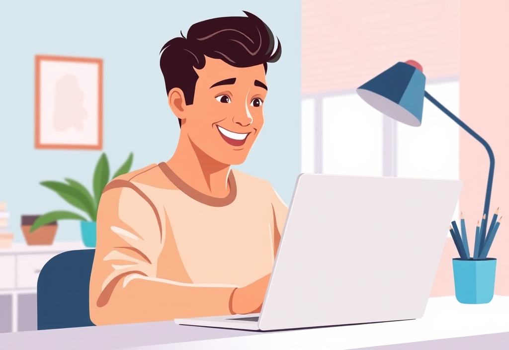 A smiling person looking at a laptop screen in a bright, modern home office workspace, feeling pleasantly surprised.
