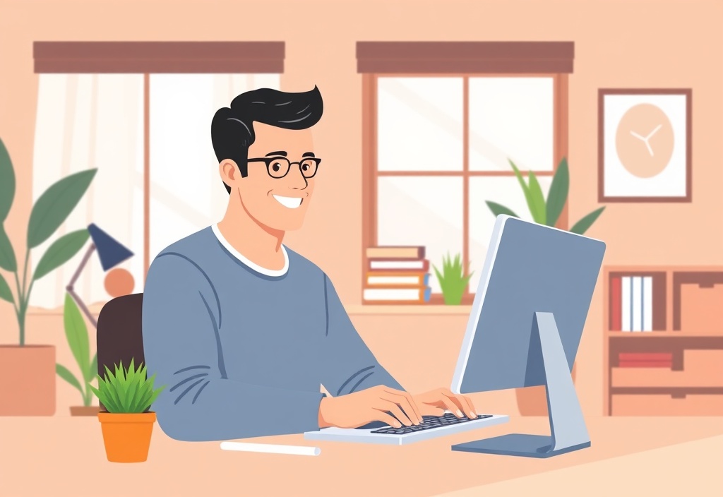 A smiling beginner entrepreneur looking at a laptop screen in a cozy home office setup with soft natural lighting