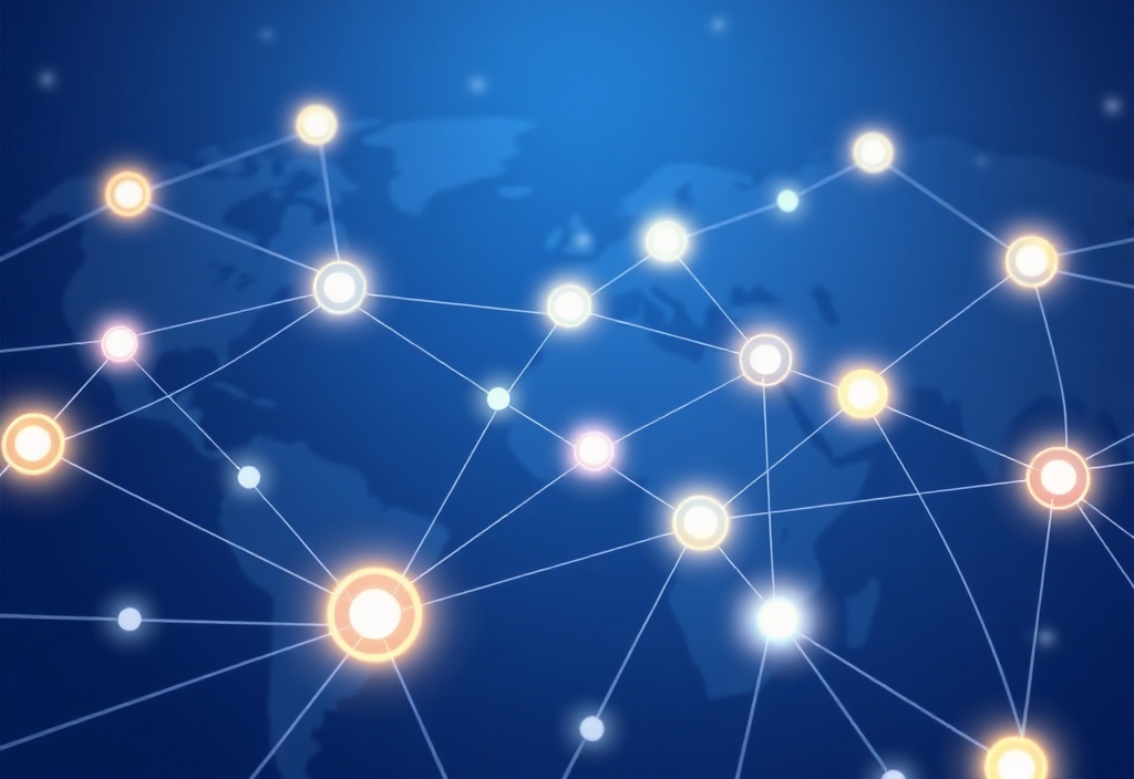 A clean, modern illustration of digital connections and glowing lines representing a global financial network, minimalist style, no text