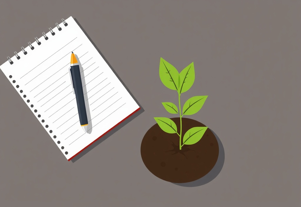 A neat conceptual flat lay of a notepad, pen, and a plant sprouting from soil, symbolizing steady growth and careful planning, no text