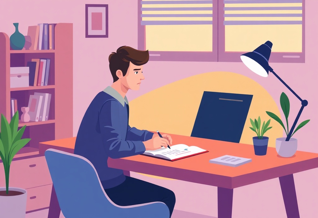 A beginner entrepreneur sitting at a clean wooden desk with a laptop, looking thoughtfully at a notepad while organizing business ideas, warm lighting, cozy workspace