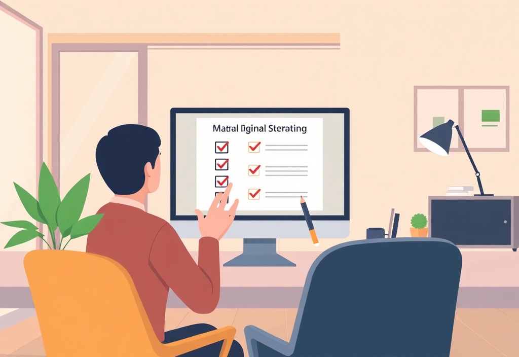 A person reviewing a digital strategy checklist on a computer screen in a bright modern home office, symbolizing clarity and direction in business