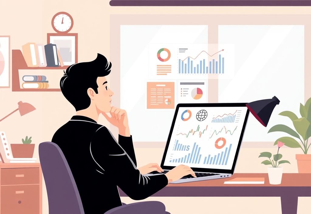 A beginner looking thoughtfully at a laptop screen filled with complex charts and notes in a cozy, well-lit home office.