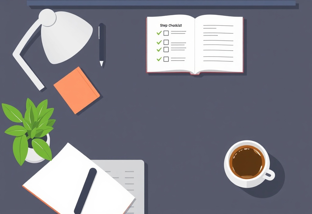 A clean, minimalist workspace with a notebook showing a clear step-by-step checklist and a cup of coffee.