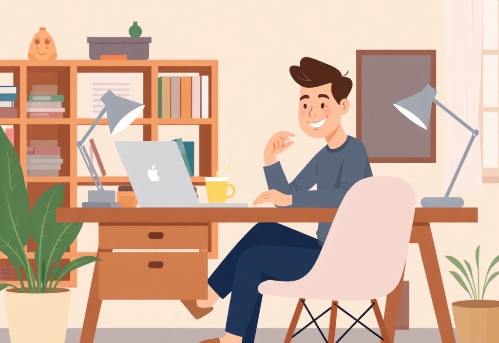 A friendly person sitting at a wooden desk with a laptop and a cup of coffee, looking relaxed and focused while working in a cozy home office, soft lighting, no text.