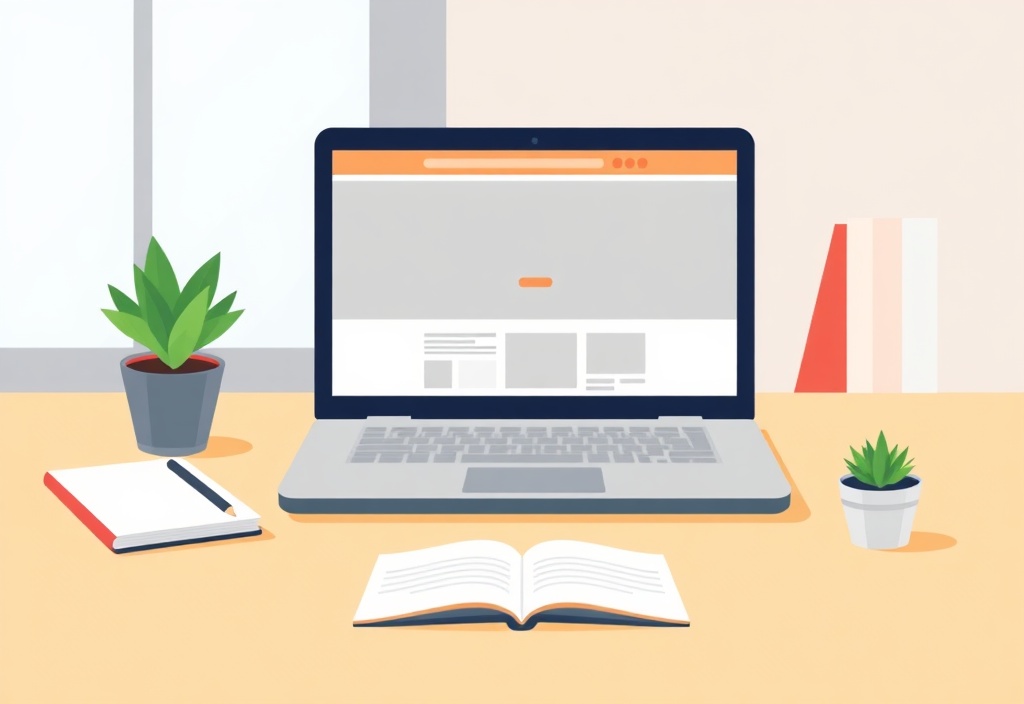 A clean, modern workspace with a laptop displaying a simple website layout, a notebook, and a small potted plant, bright and inviting atmosphere, no text.
