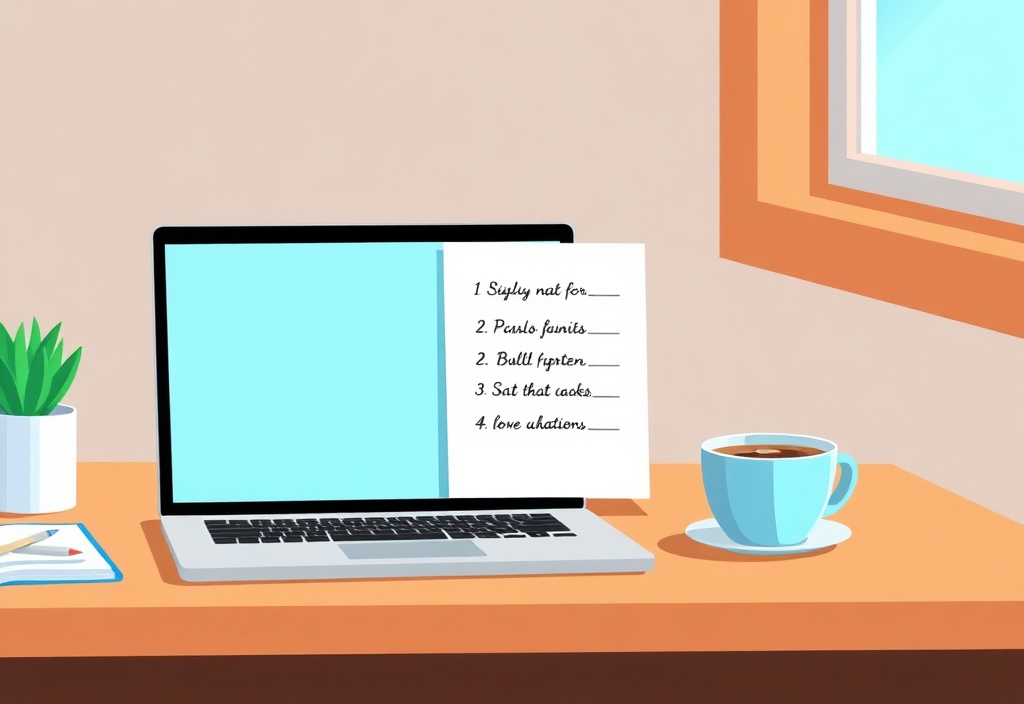 A clean wooden desk with a laptop displaying a cheerful chat window, a notepad with handwritten bullet points, and a cup of coffee in bright natural light