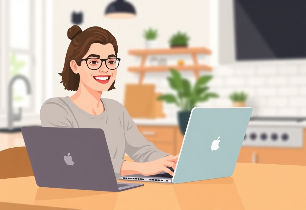 A smiling person working casually on a laptop at a kitchen table, looking confident and relaxed, soft focus background, modern lifestyle photography