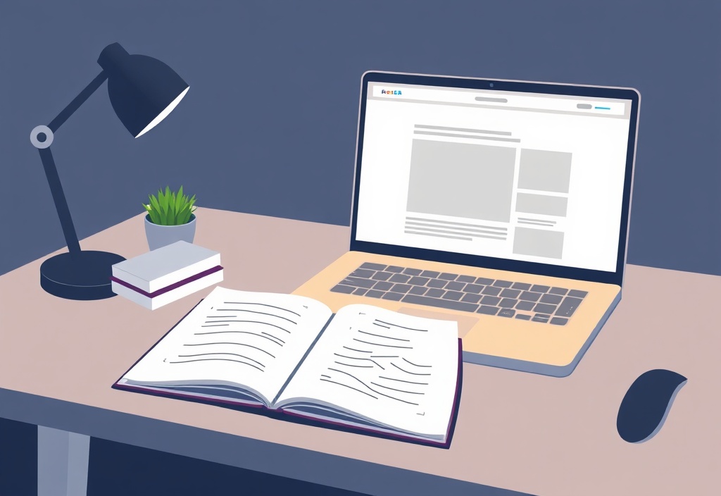 A clean, minimalist desk setup with a laptop showing a blank website template and a notebook with brainstorming notes, warm lighting, flat lay style