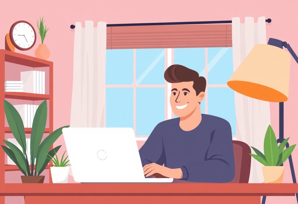 A person smiling while looking at a laptop screen in a cozy home office, representing success and clarity for a beginner entrepreneur